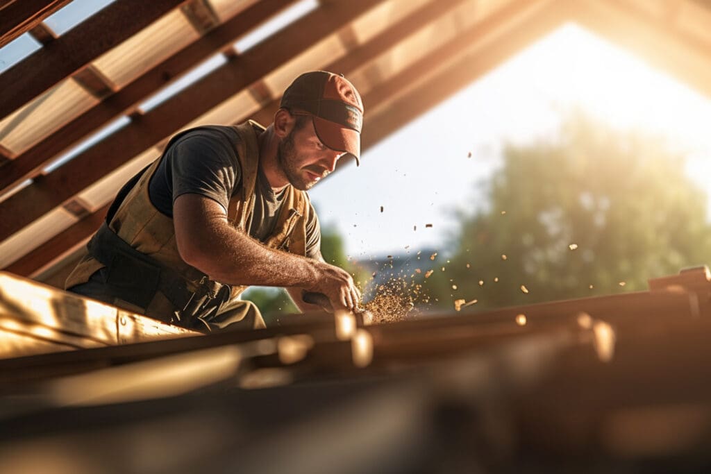A man is working on a wooden roof.