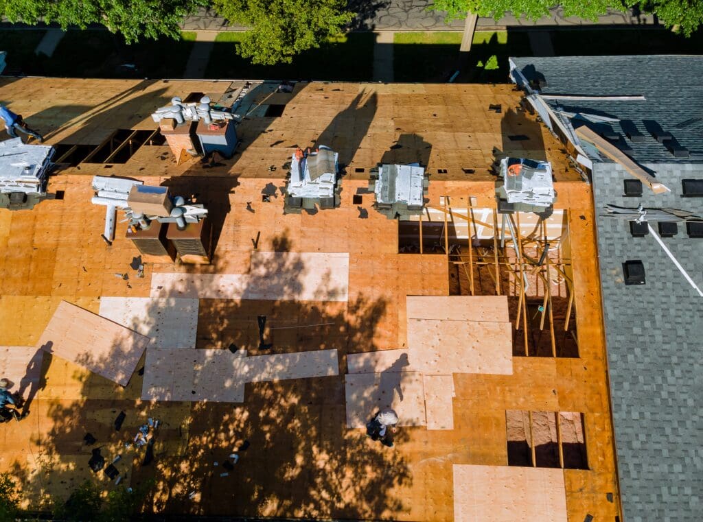 An aerial view of a roof under construction.